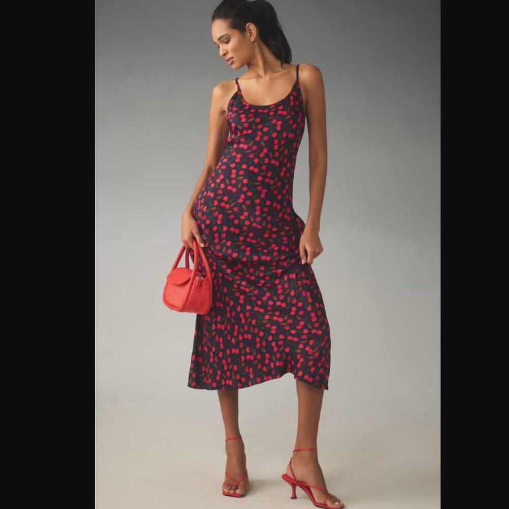 New SP Conditions Apply x Anthropologie cherry print Elva slip midi dress Petite - Picture 1 of 10